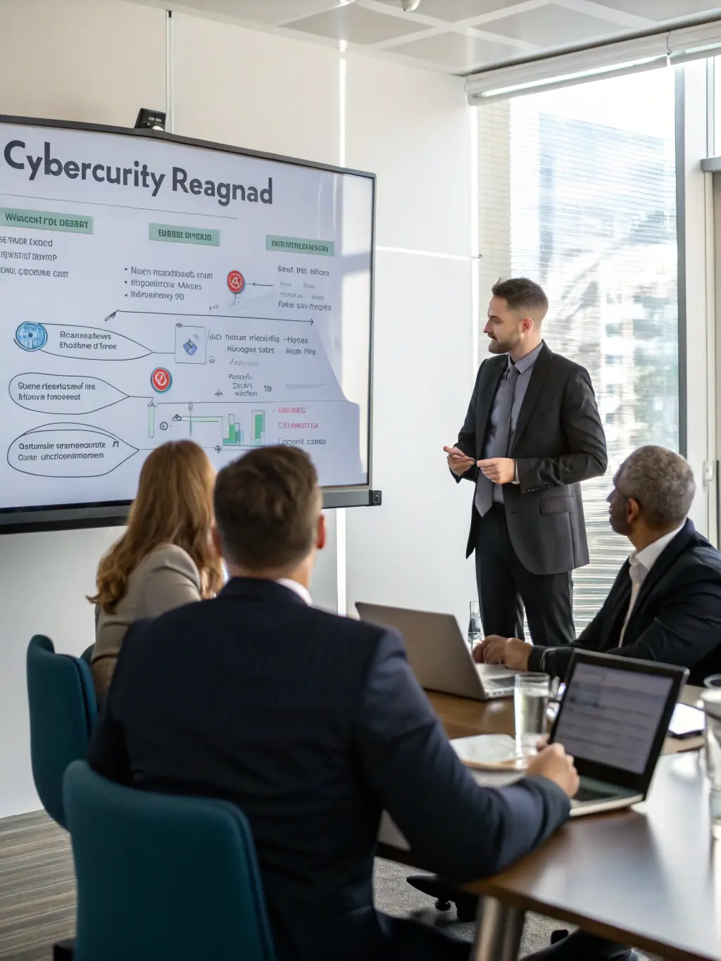 A professional photo of a cybersecurity expert consulting with an MSP team, discussing security strategies and solutions.