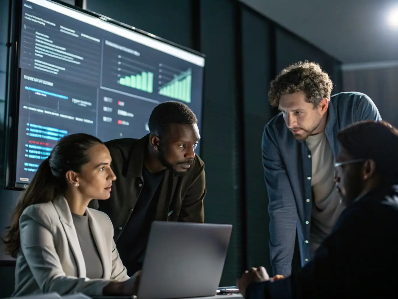 A diverse team of cybersecurity professionals is collaborating in a modern office, analyzing threat intelligence data and developing security strategies. The scene conveys expertise and teamwork.