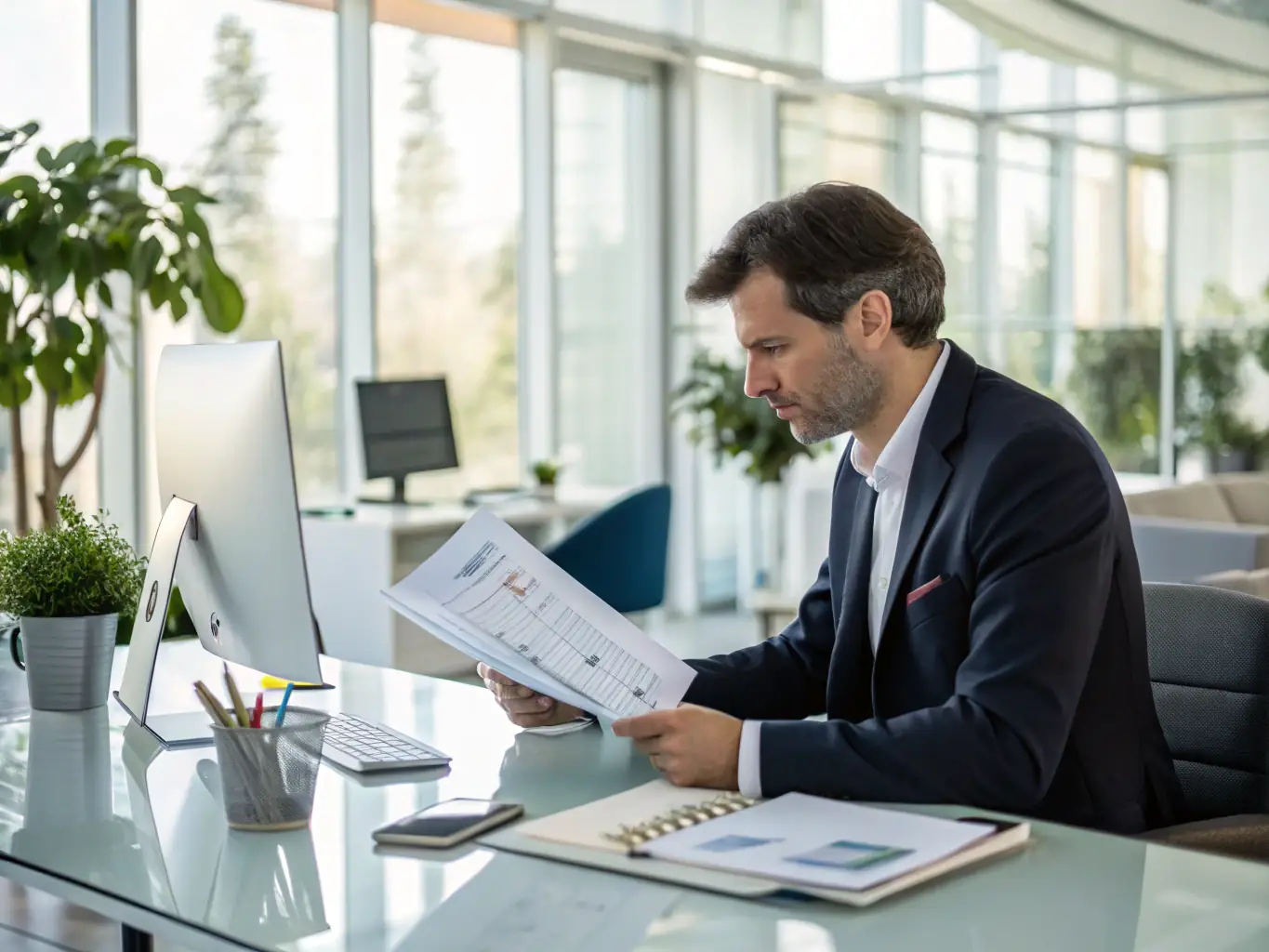 A professional MSP representative is reviewing a detailed partnership benefits document at their modern office, showcasing the strategic planning and collaborative environment.