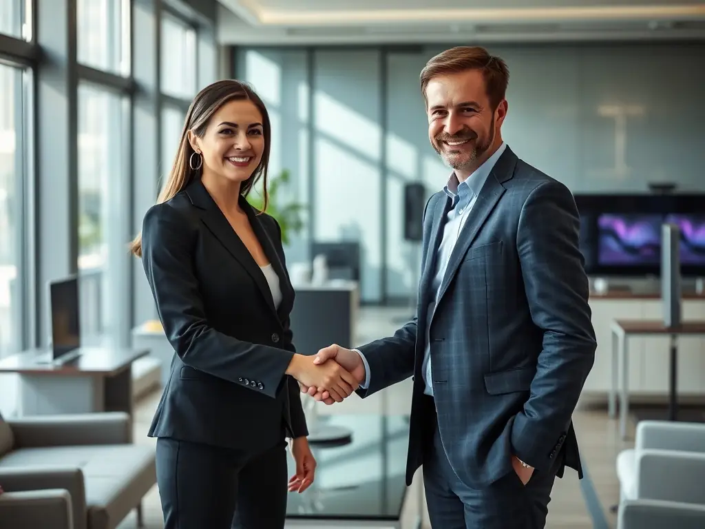 A professional MSP representative is shaking hands with a TRIAD Information Security executive, symbolizing a successful partnership agreement. The background shows a modern office environment with cybersecurity-related graphics.