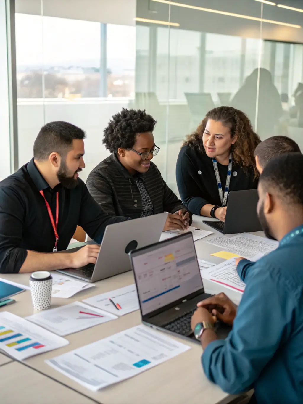 A professional photograph of a diverse team of cybersecurity consultants collaborating in a modern office setting, emphasizing teamwork and expertise.