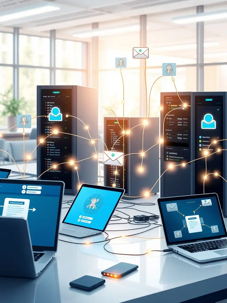An image depicting a secure network infrastructure with multiple devices connected, symbolizing enhanced security and protection for clients.